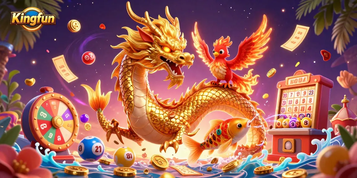 Play Kingfun with a vibrant 3D illustration of a dragon, phoenix, and koi fish amidst dynamic gaming elements.