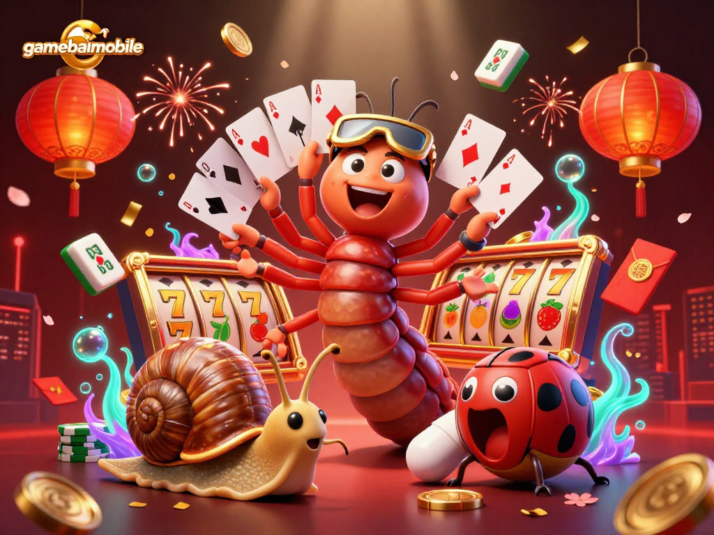 Engage with gamebaimobile's vibrant casino scene showcasing a 3D millipede dealer and high-roller gaming action.