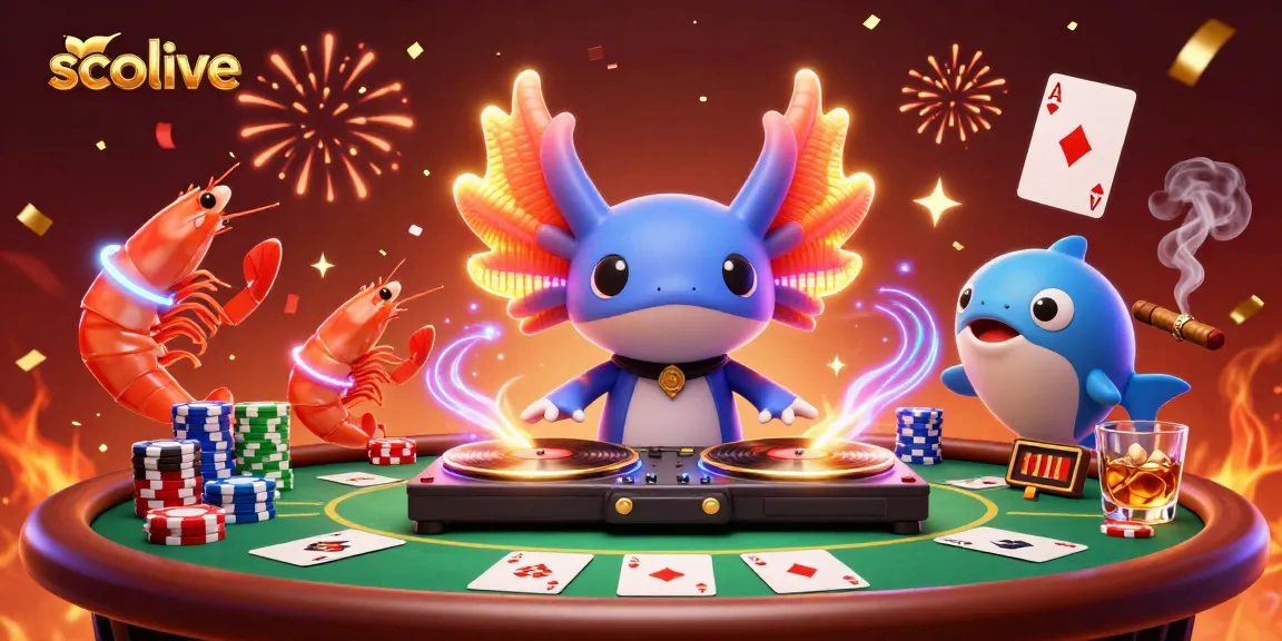 Socolive features a vibrant scene of a neon axolotl DJ and glowing shrimp, captivating gamblers with poker action.