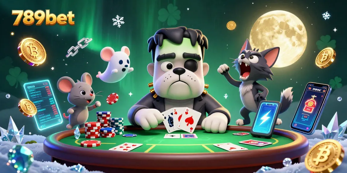 Experience thrilling poker at 789bet with Frankenstein bulldog dealer and ghost mouse amidst vibrant casino elements.