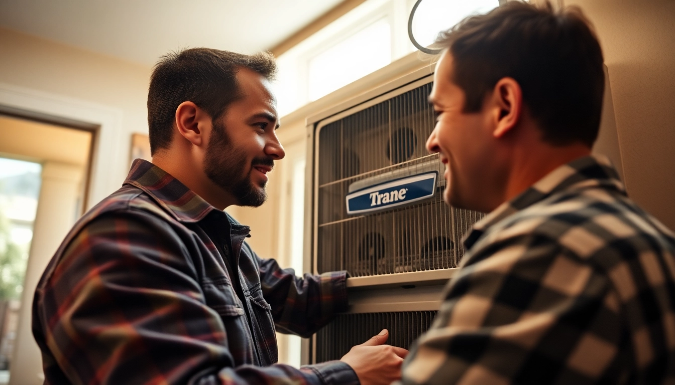 HVAC technician examines Trane Alberta unit, ensuring optimal performance in a home setting.