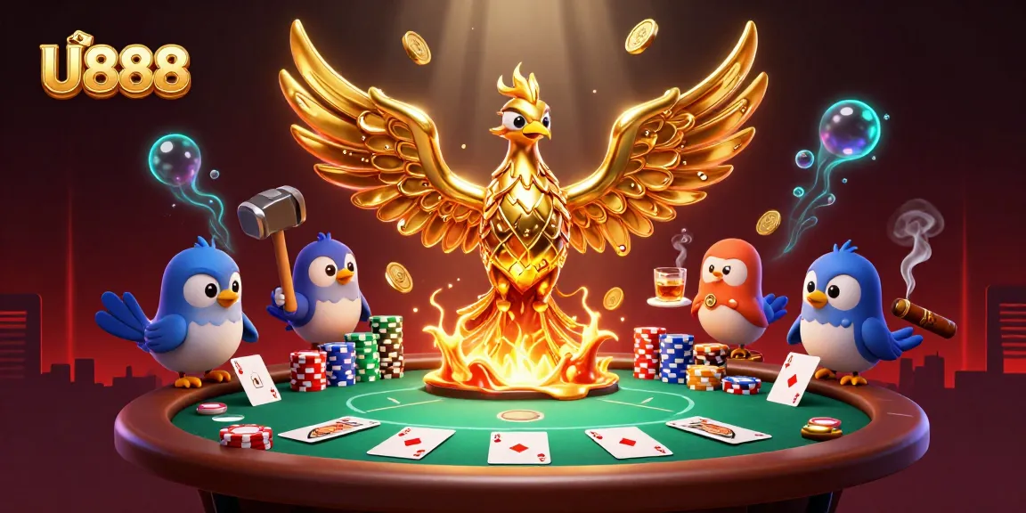 Experience U888's thrilling gaming with a molten golden phoenix and poker scene.