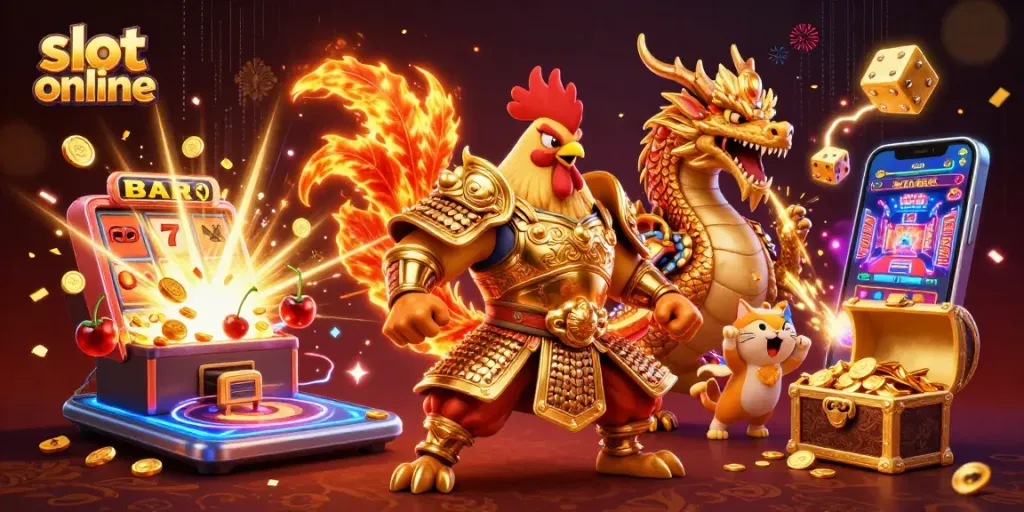 Slot online menarik dengan karakter ayam jantan dan naga, menampilkan mesin slot dengan jackpot meledak.