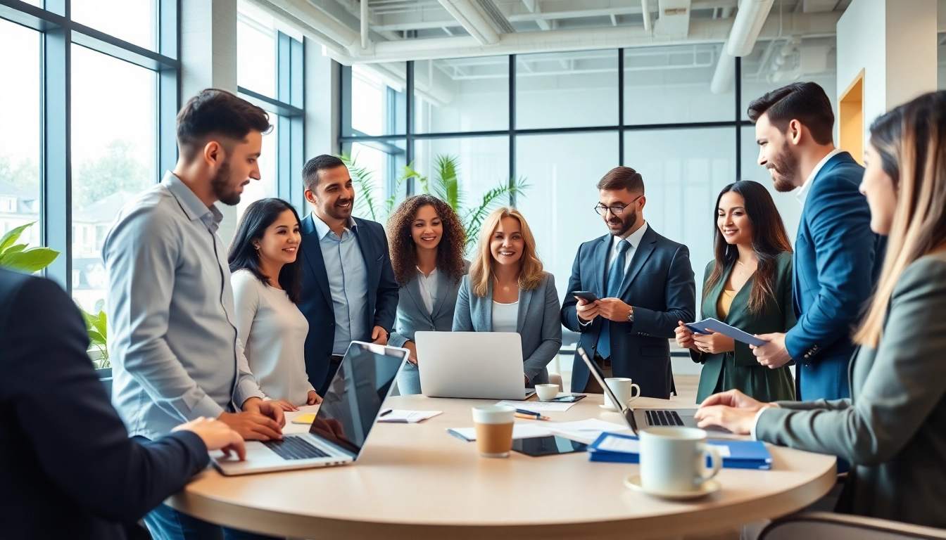 Staffing agencies collaborating in a bright office environment with diverse professionals.