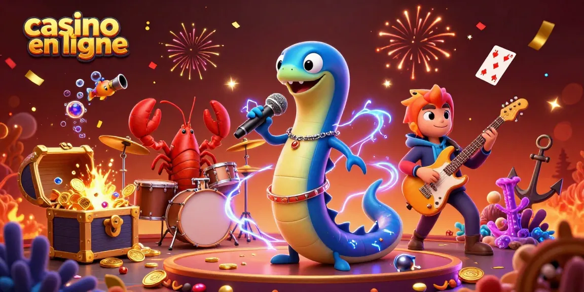 Scène vibrante de casino en ligne avec un DJ anguille électrique et ses musiciens, explosant en joyaux sous-marins.