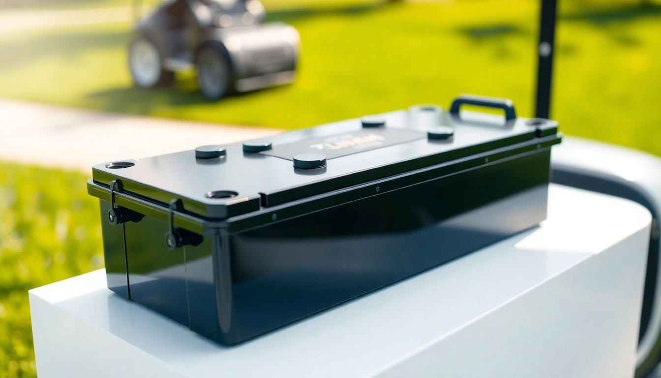 Showcasing lithium golf cart batteries with metallic design and energy-efficient features.