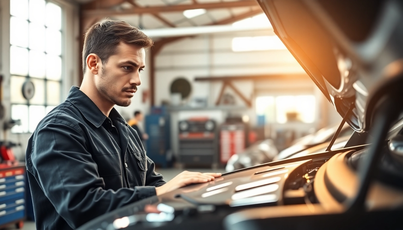 Auto service Cortland OH provided by a professional mechanic inspecting a vehicle in a bright garage.