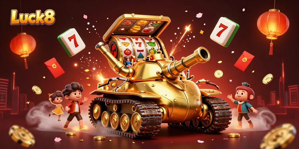 Experience Luck8 with an exciting scene featuring a golden beetle tank miniature casino and lively gambling elements.