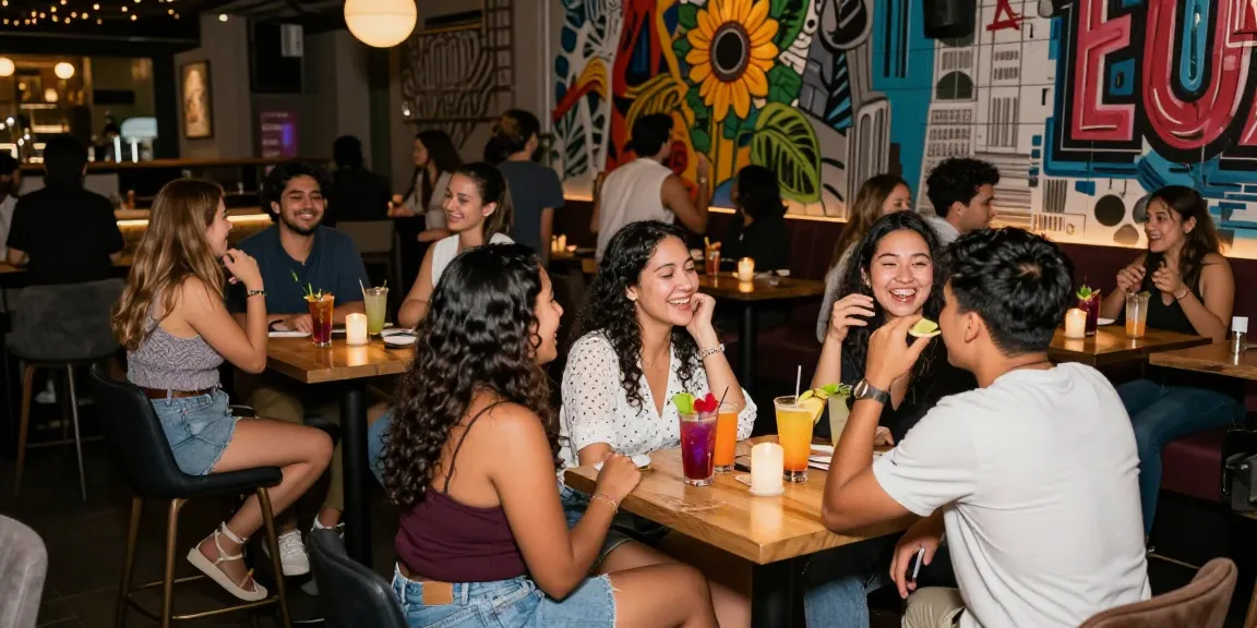 Dynamic nightlife at a stylish lounge, highlighting a lively atmosphere with friends enjoying drinks, showcasing the appeal of 유흥사이트.