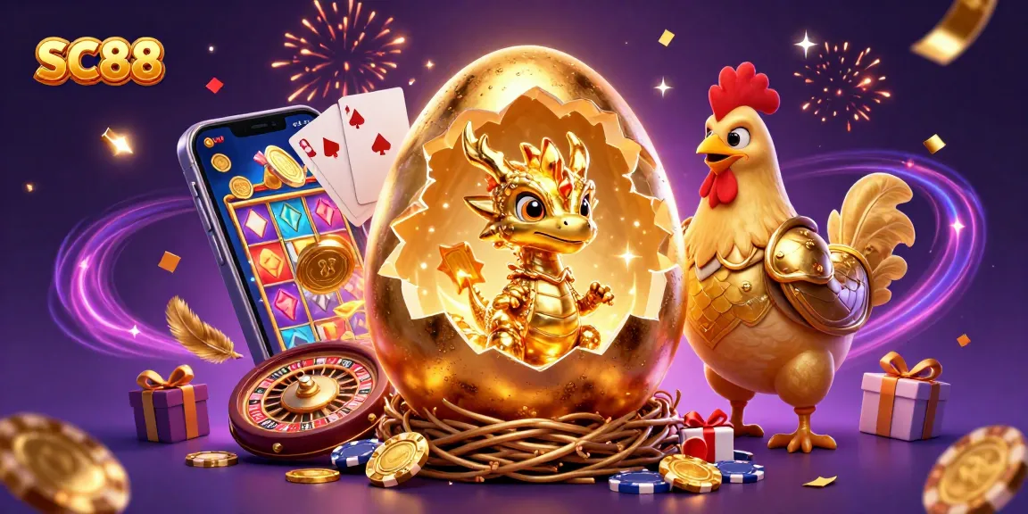 Experience the thrill of SC88 with a golden dragon guarding poker chips amidst dynamic casino elements.
