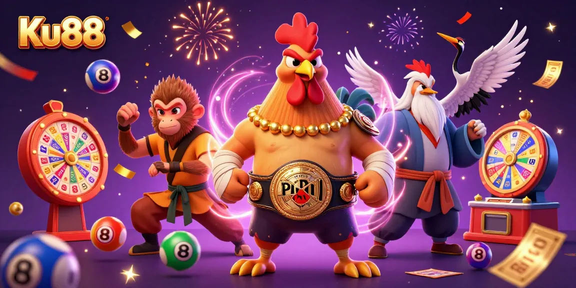Engage with Ku88's vibrant casino world featuring a fierce rooster, monkey martial artist, and wise crane master.