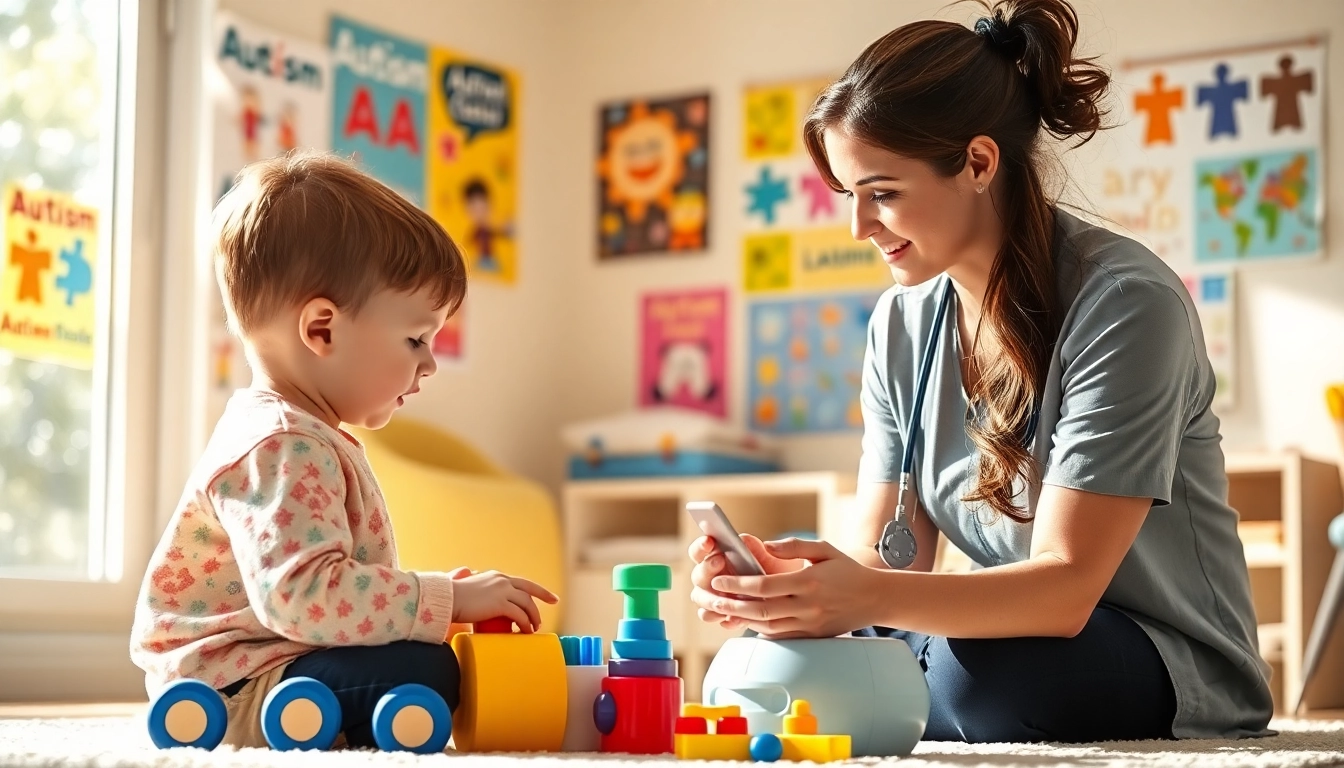 Engaging ABA therapy session between a child and therapist in a colorful room.