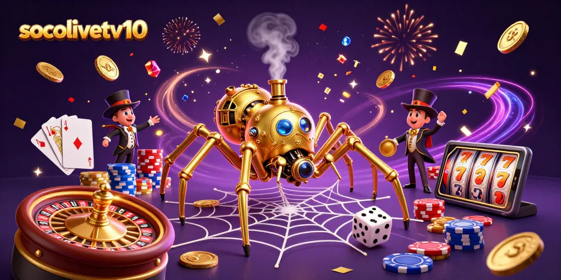 Socolivetv10 spins the excitement of online gambling with animated steampunk elements, gold coins and cards.