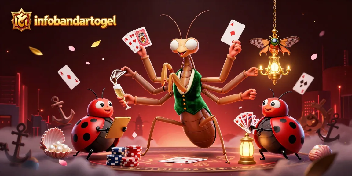 Engaging scene of a praying mantis card sharp and ladybug pit boss showcasing gambling fun at infobandartogel online.