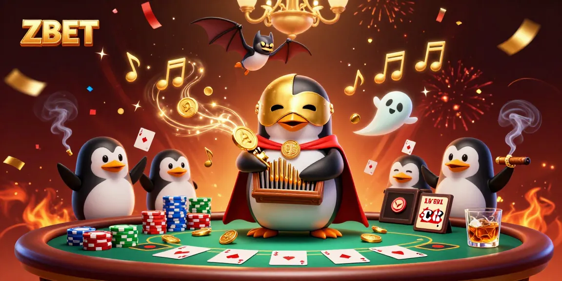 ZBET gamifies poker with a vibrant scene of a phantom penguin and thrilling casino elements