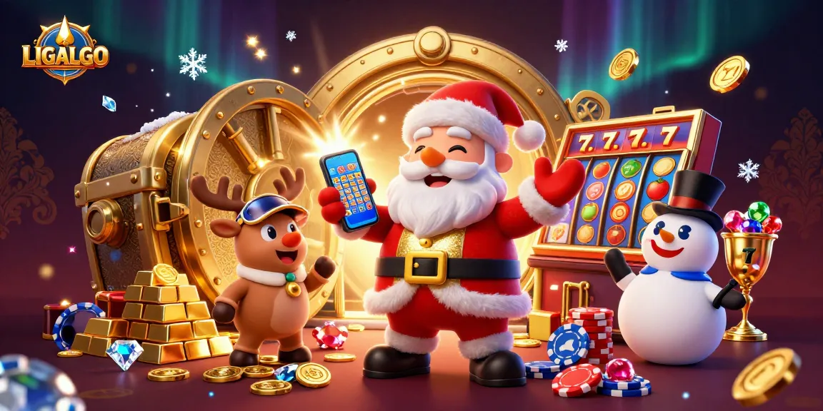 LIGALGO brings excitement as Santa holds jackpot slots in a dazzling casino scene filled with gems and gold.