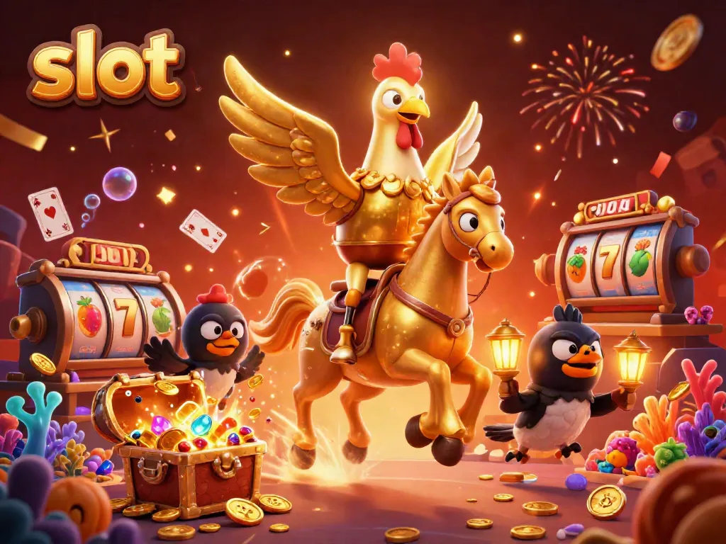 Experience the thrill of slot gaming with a golden rooster in a vibrant casino.