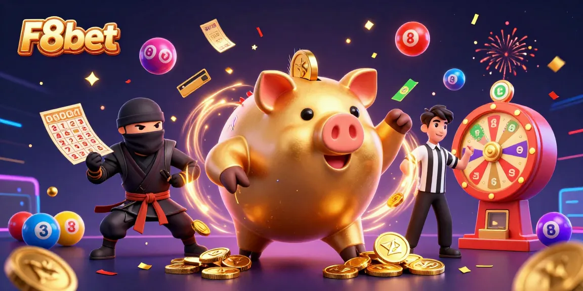 Experience thrilling action with F8bet's lively casino scene featuring a sumo wrestler piggy bank.