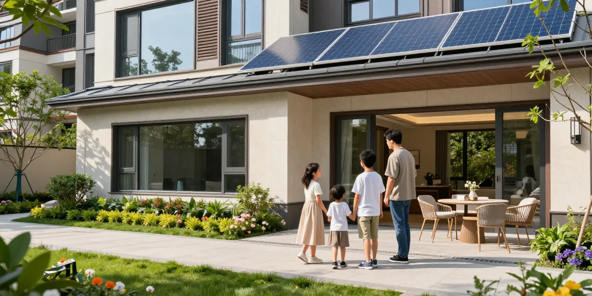 Familie besichtigt modernes Wohngebäude von Woning Unie mit energieeffizienten Merkmalen und schöner Landschaft.