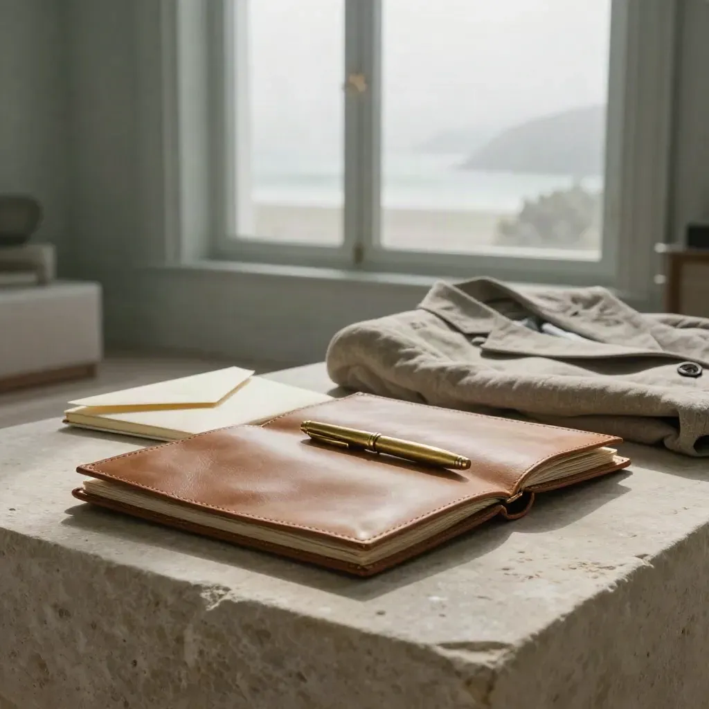 Moody coastal study nook with a leather folio, notebook, blazer and envelope on a stone ottoman.