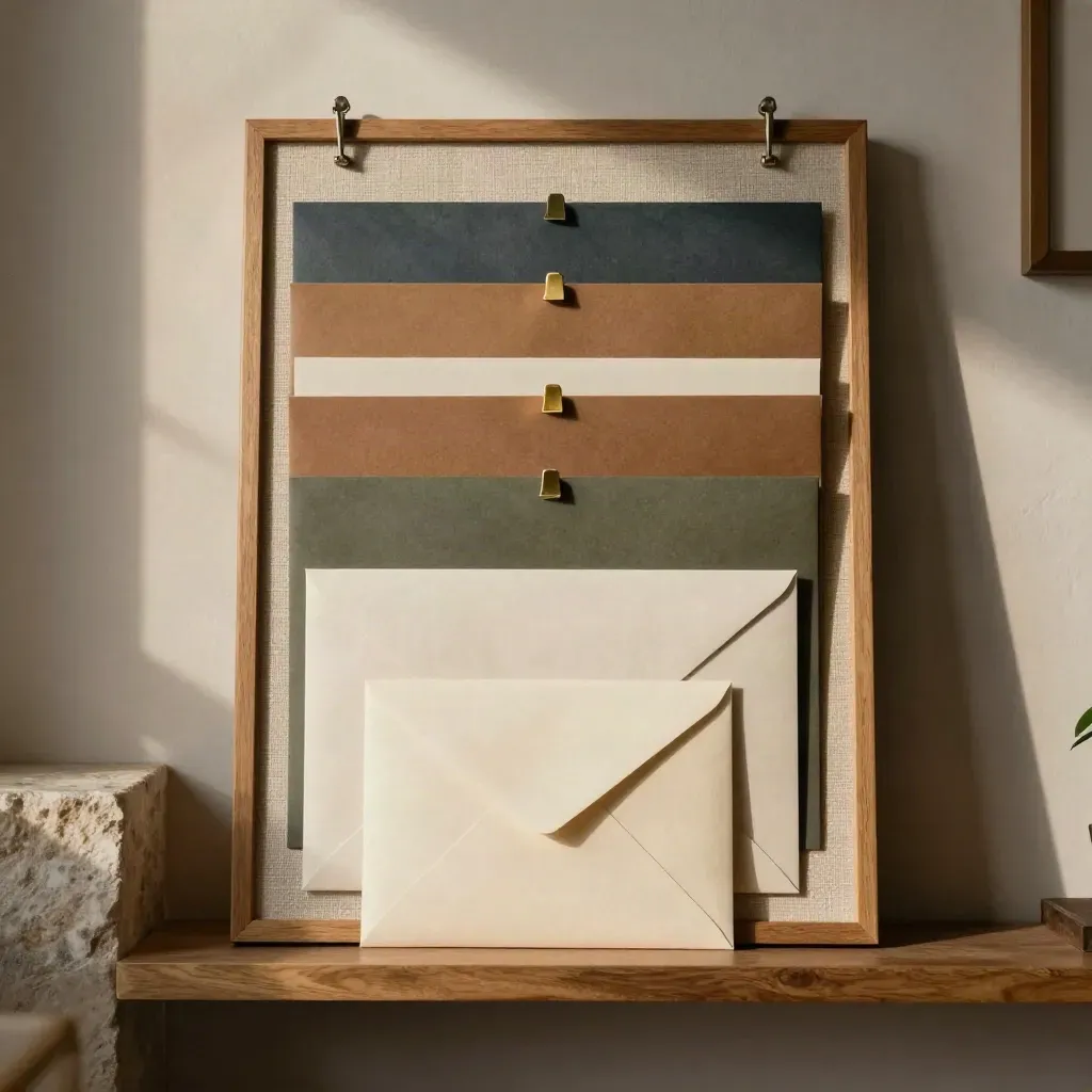 Linen pinboard with folders and sealed envelopes in warm afternoon light