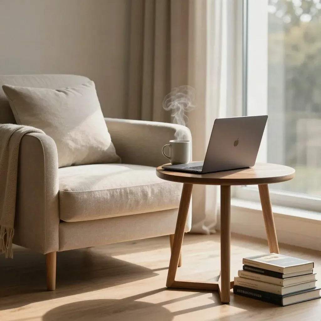 Quiet armchair reading corner with mug, notebook, and closed laptop in warm window light.
