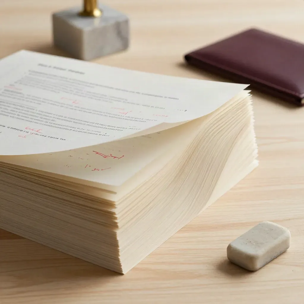 Marked CV pages, paperweight and eraser on pale wood in warm editorial light.