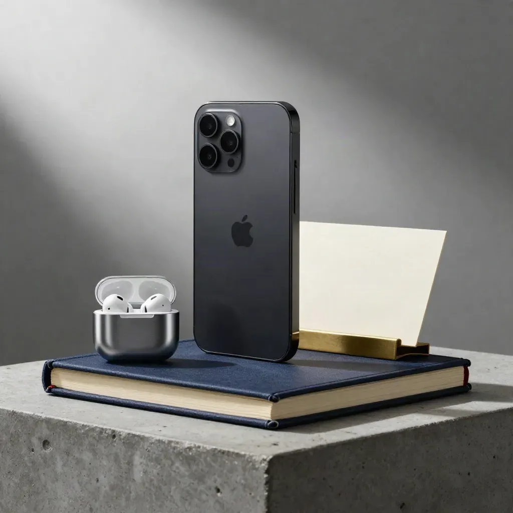 Face-down phone, notebook, earbuds and brass card stand on a concrete pedestal