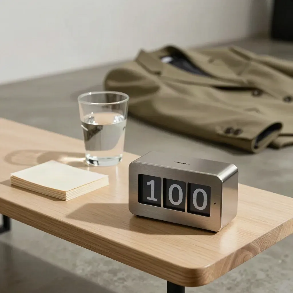 Timer, cue cards, water glass and folded blazer on a bench in an interview practice studio.