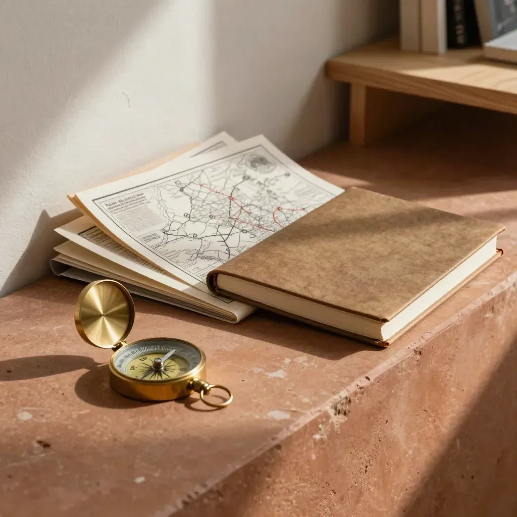 Brass compass with folders, folded map sheet and clipped-corner notebook on a terracotta ledge.