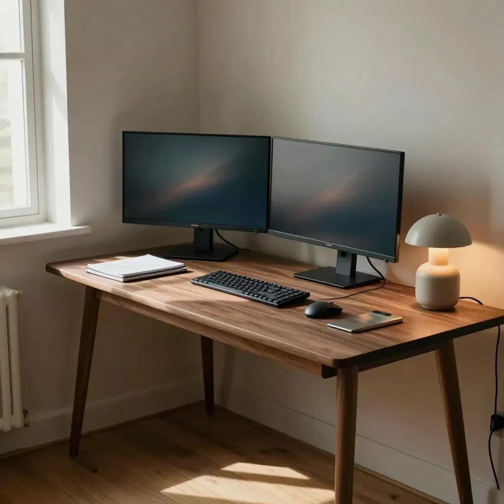 Twin monitors and a tidy analyst workstation glowing in a warm home office corner.