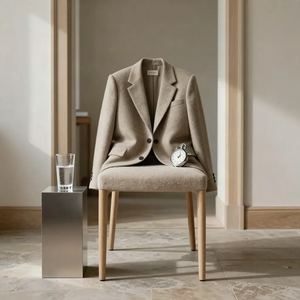 Quiet interview chair with water, stopwatch and folded blazer in a polished corner.