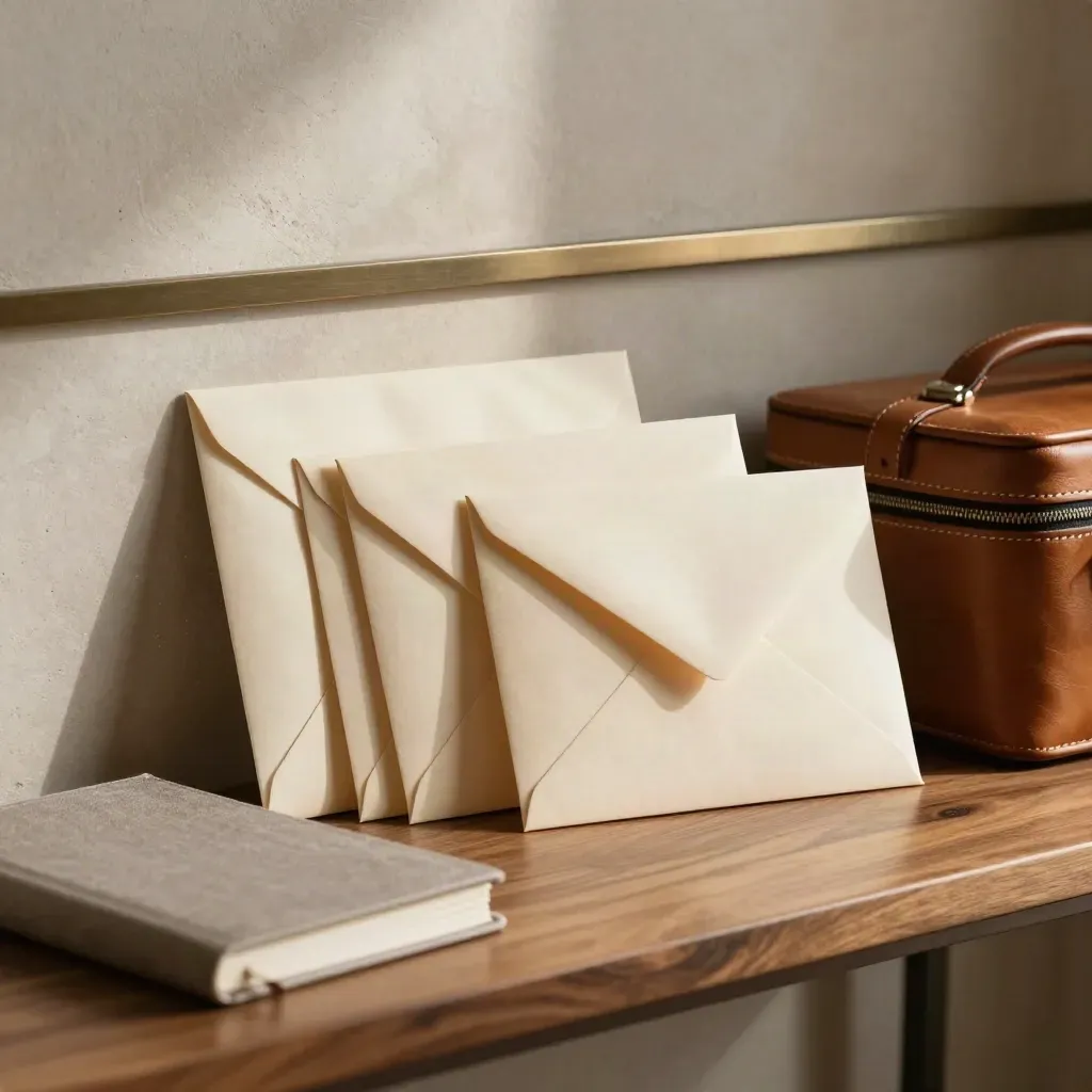 Three sealed envelopes, notebook and travel case on a hallway console in soft daylight.