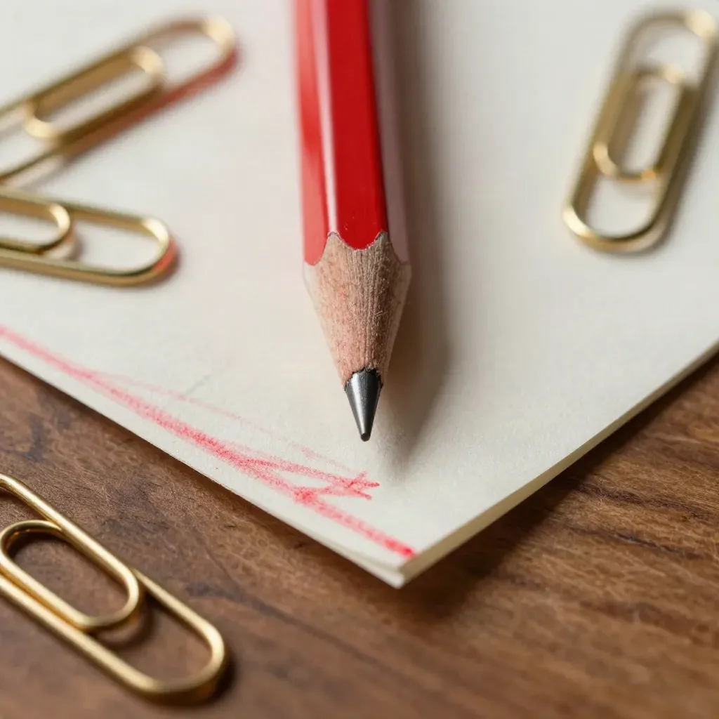 Macro of a red pencil, eraser, clips, and marked CV page on warm walnut.