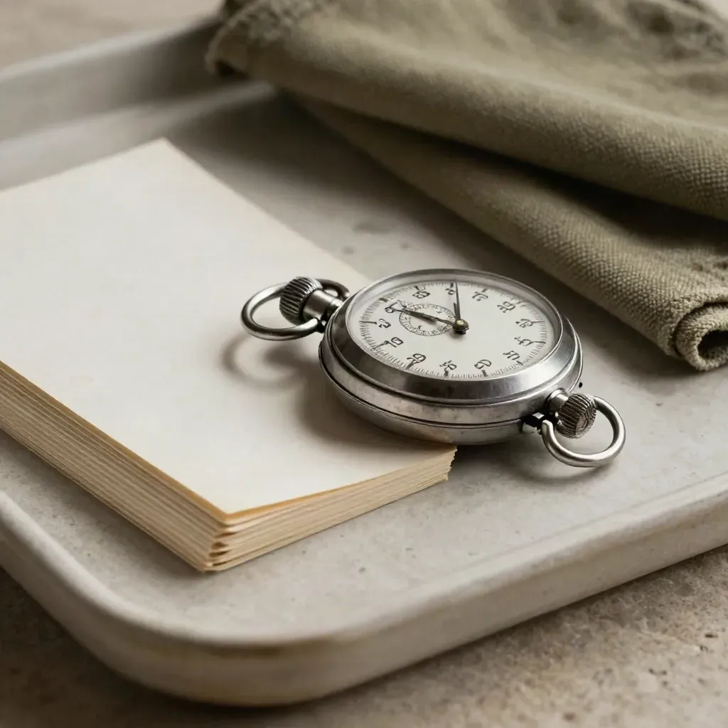 Brushed stopwatch, cue cards and water ring on a pale tray in hard side light.