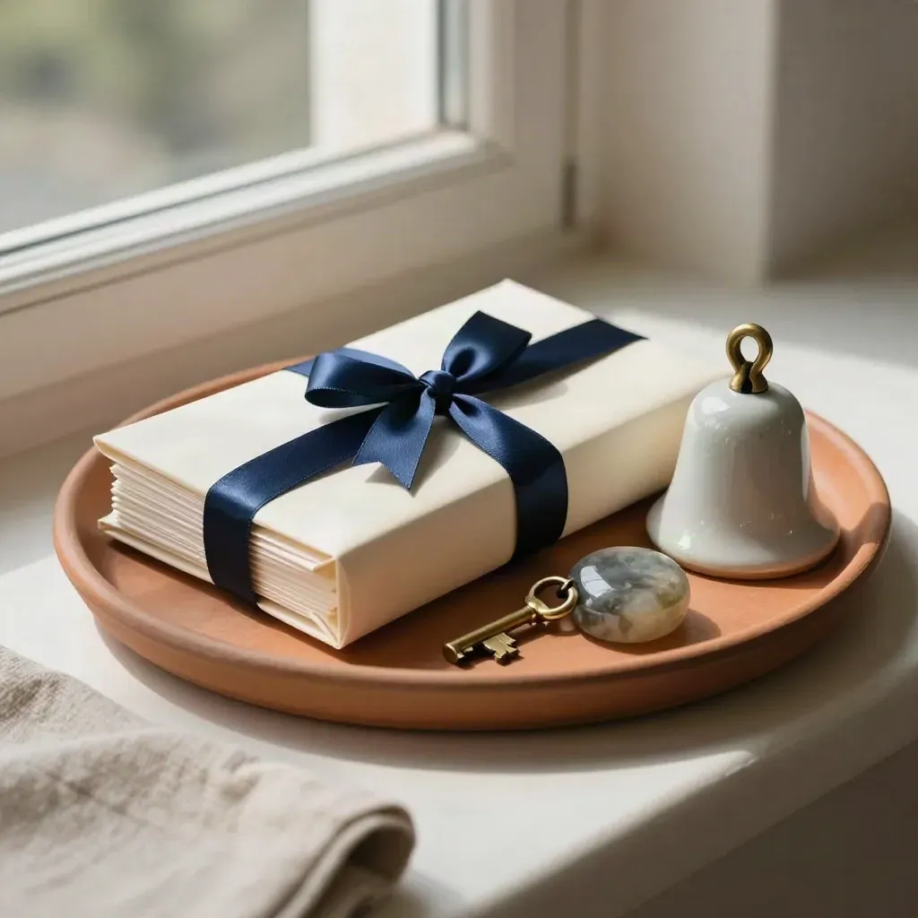Ribbon-tied files, brass key, ceramic bell, and stone paperweight on a terracotta tray