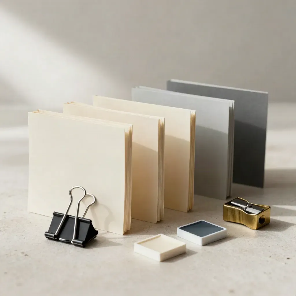 Stone-surface still life of tab dividers, binder clips, a brass sharpener, and color chips.