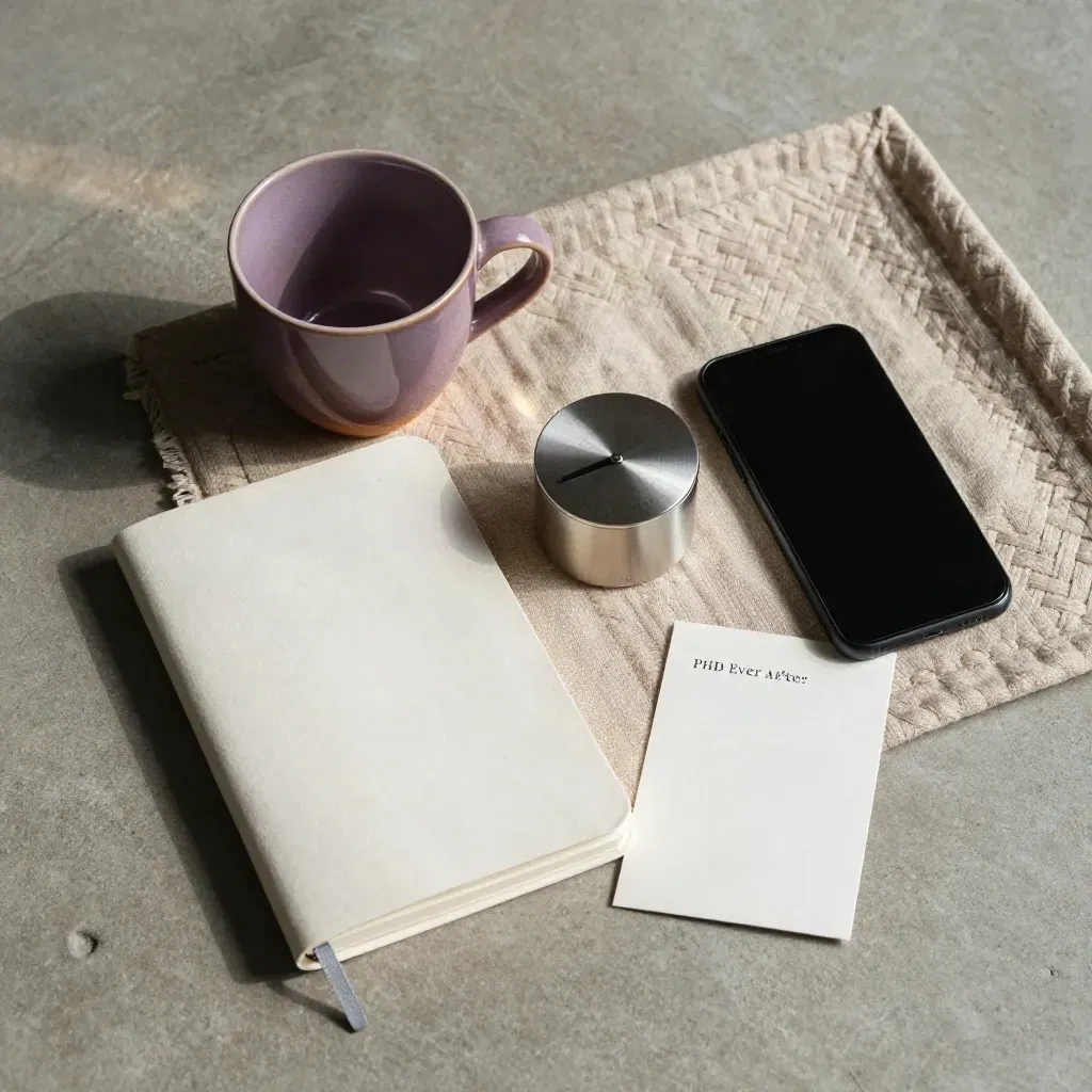 Overhead flatlay of a plum cup, notebook, timer, and face-down phone on a linen tray.