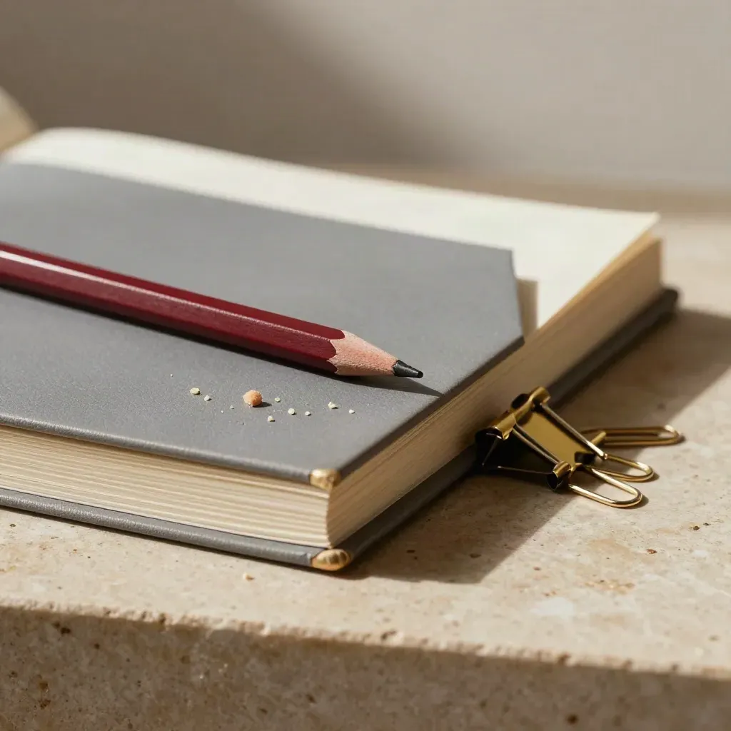 Red pencil, eraser crumbs, paperclips, and a half-open folio on limestone.