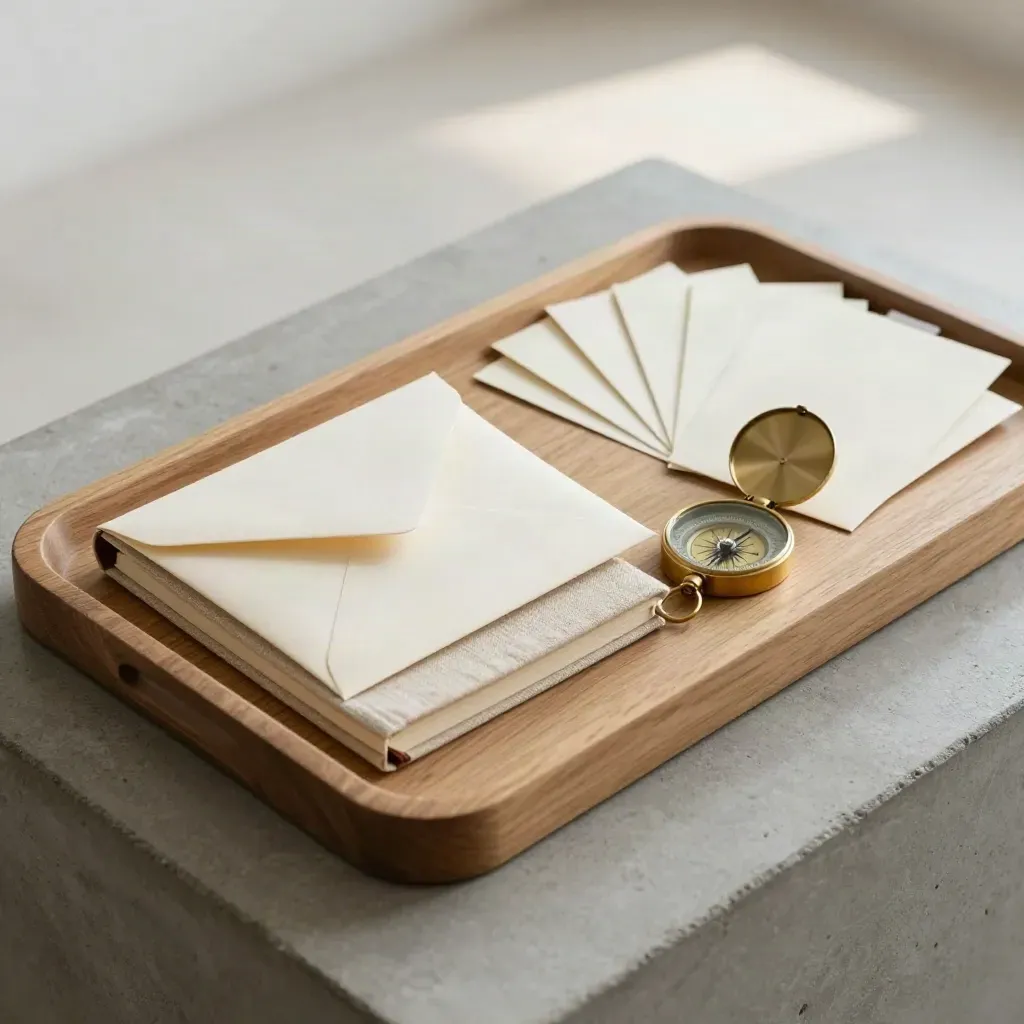 Tray with envelope, notebook, compass, and folded follow-up cards on concrete