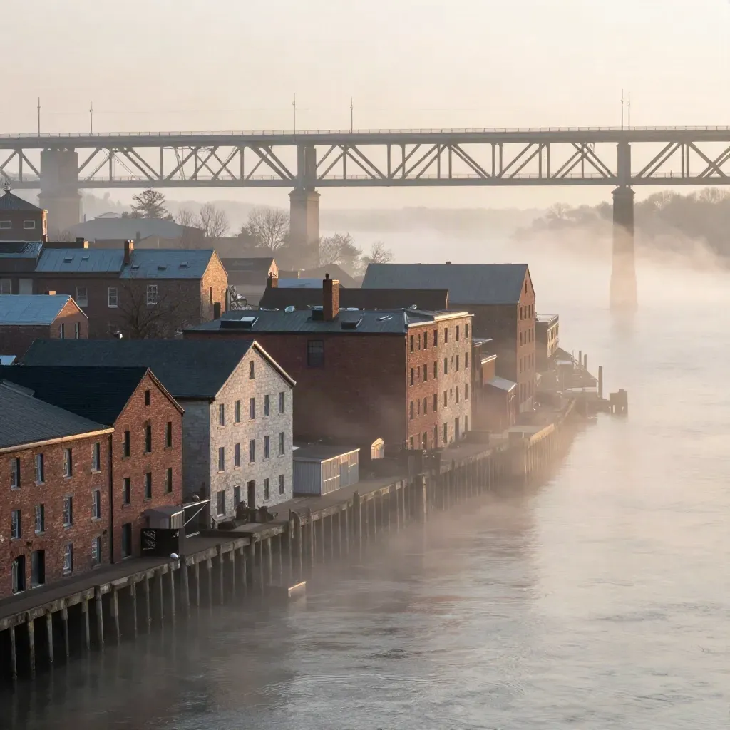 Misty Northeast river skyline with brick rooftops, bridge, and calm waterfront at dawn