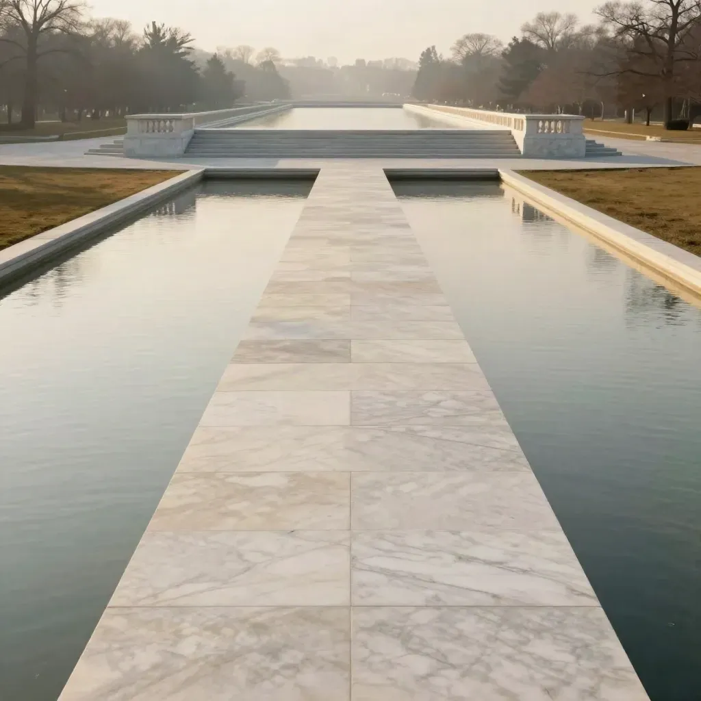 Marble memorial and reflecting pool in warm golden light over a calm civic lawn.