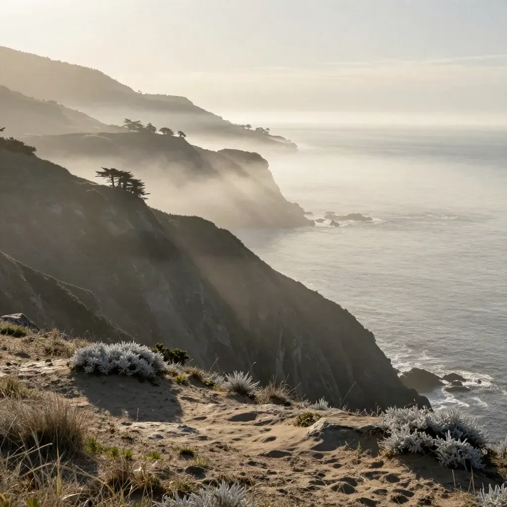 Fog ribbons over West Coast cliffs and cypress above a calm luminous ocean.