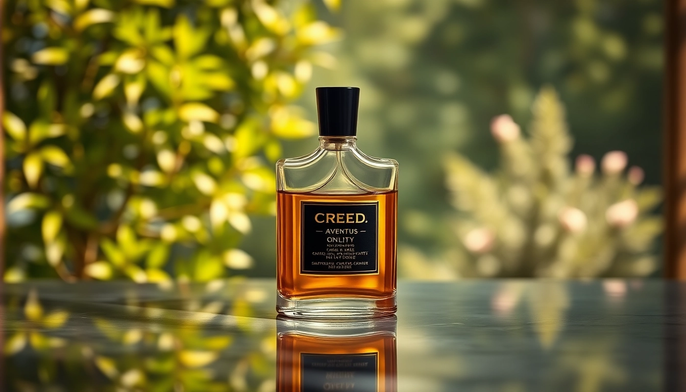 Showcasing aroma of Creed (Aventus only) in a decorative bottle amidst a lush garden.