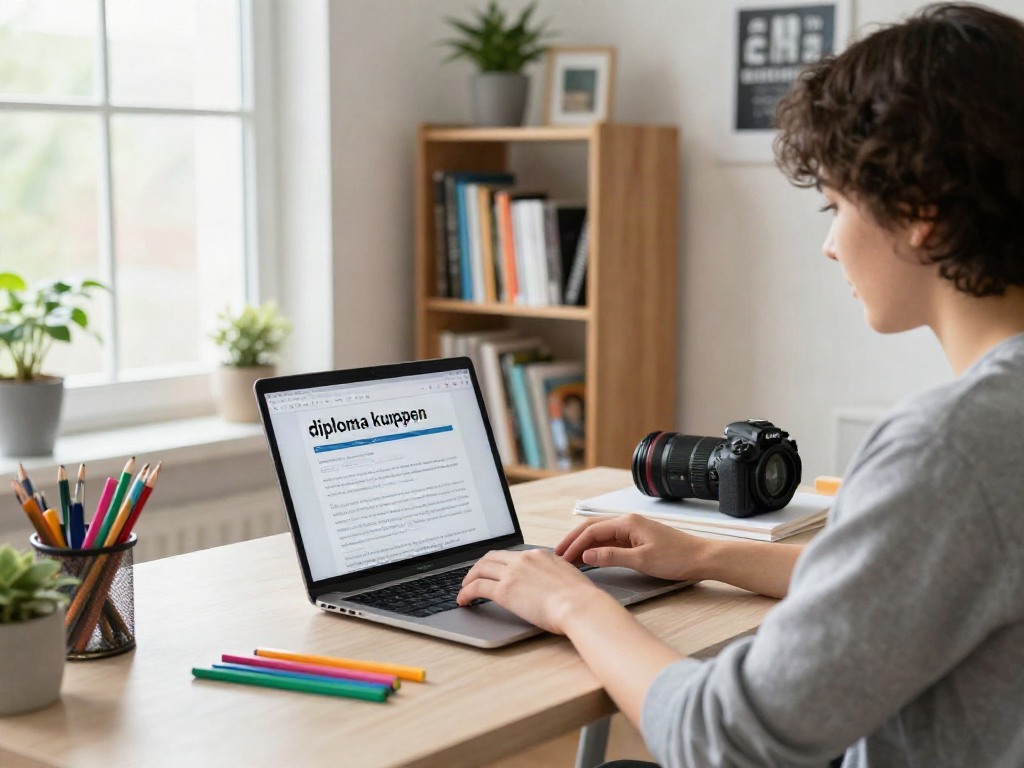 Studerende bezig met online onderzoek naar diploma kopen in een moderne studieruimte.