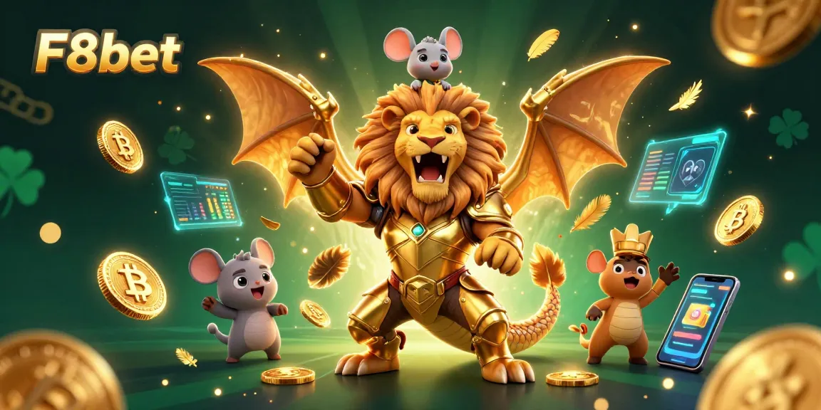 Join F8bet at a dynamic gaming scene with a roaring chimera and crypto elements.