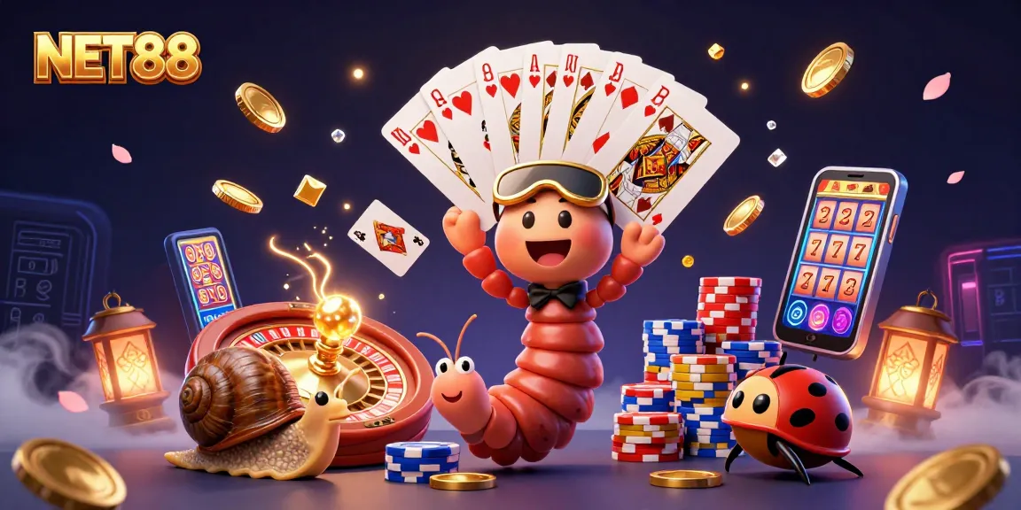 Join NET88 at a vibrant casino scene with a dealer and excited characters amid cascading coins and gems.