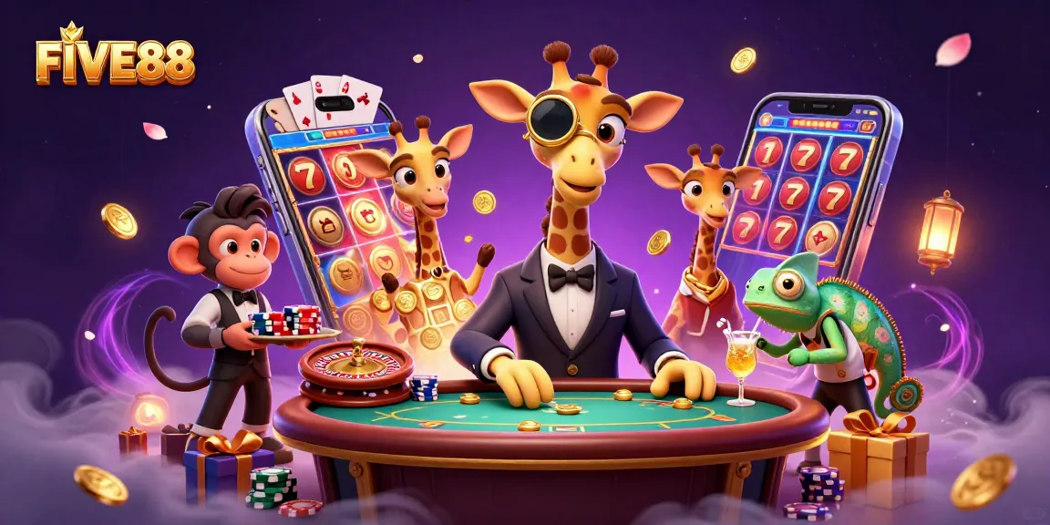Experience the excitement of FIVE88 with a high-roller giraffe and dynamic casino elements.