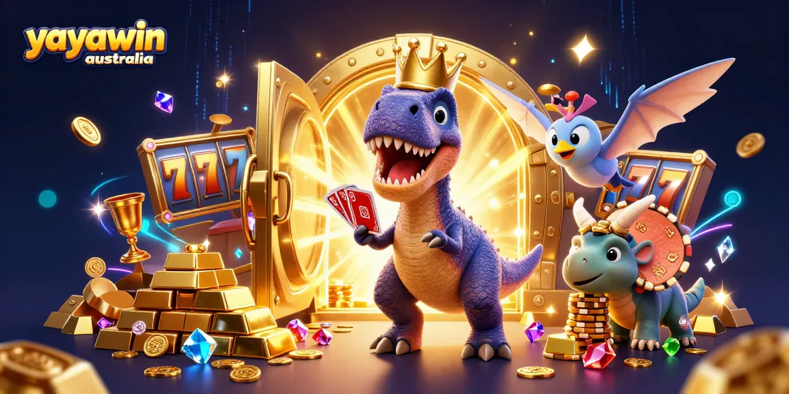 Experience the thrill of yayawin australia with a T-Rex playing cards and a dynamic casino scene.