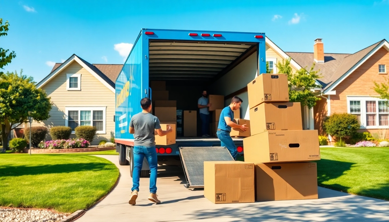 provincial movers efficiently loading boxes into a bright blue truck in a sunny neighborhood.